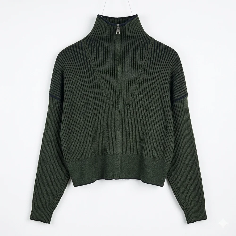 NWT Varley Olive Ribbed Zip Through Rib Knit Sweater Preppy Athleisure Size L